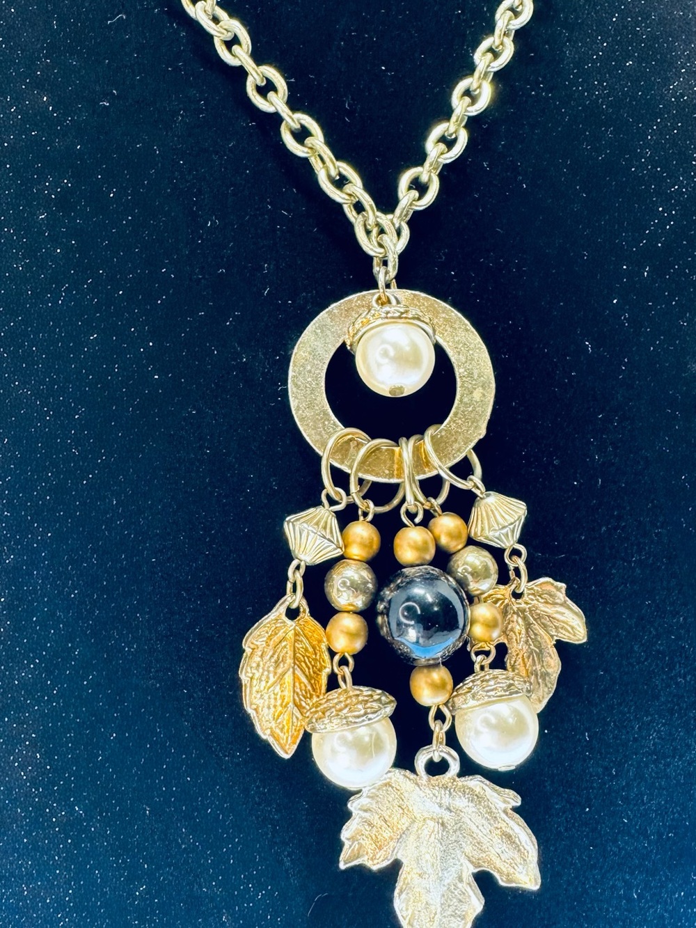 Gold Leaf Pendant Necklace with Pearl Accents